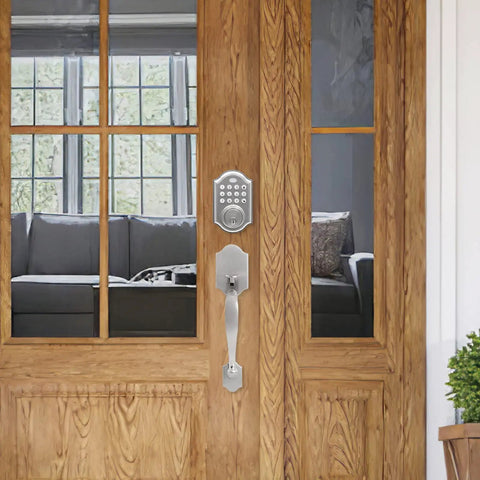 Keyless Entry Door Lock With Handle Electronic Keypad Deadbolt For Front Doors Auto Lock Satin Nickel installed on wooden door
