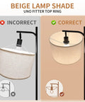 Correct fitting of beige lamp shade on Space Saving Floor Lamp With Built In Round Table And USB Type C And USB A Charging Ports 9W LED Bulb.