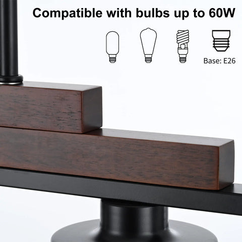 Close-up of wood accent on Five Light Farmhouse Dining Room Chandelier Over Table In Matte Black With Rustic Wood Accents And Clear Glass Shades