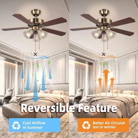 Old School Retro 42 Inch Indoor Ceiling Fan With Pull Chain And Three LED Light Bulb Sockets Bulbs Not Included Traditional 3 Speed Reversible Blades Antique Style For Living Room Or Bedroom featuring reversible airflow for different seasons