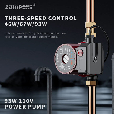 Efficient Hot Water Recirculating Pump 93W with three-speed control for adjustable flow rate in home heating.