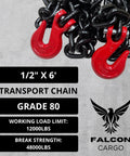 Heavy Duty Half Inch Grade 80 Transport Binder Chain Twenty Foot With Clevis Grab Hooks, 12,000 LBS Working Load Limit
