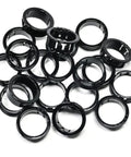Plastic Snap In Bushing Set, 20 Pcs, 1.125 Inch Mounting Diameter, Fits 27.5 To 28.5 Millimeter Holes, Nylon Knockout Bushings, Inner 0.96 Inch, Outer 1.23 Inch, Black, Durable Quick Install For Panels And Electrical Enclosures. black nylon snap-in bushings shown in a 20-piece set