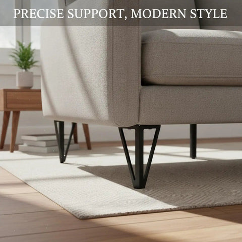 Sofa with 5.9 inch matte black hollow steel legs, Replacement Feet for Sofas and Cabinets, enhancing clearance and airflow.