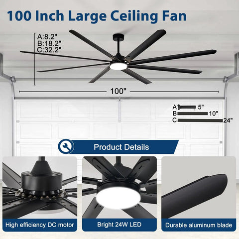 Giant 100 Inch Outdoor Ceiling Fan With Light Workhorse Industrial Ceiling Fan With Remote For Shop Garage Or Patio Black