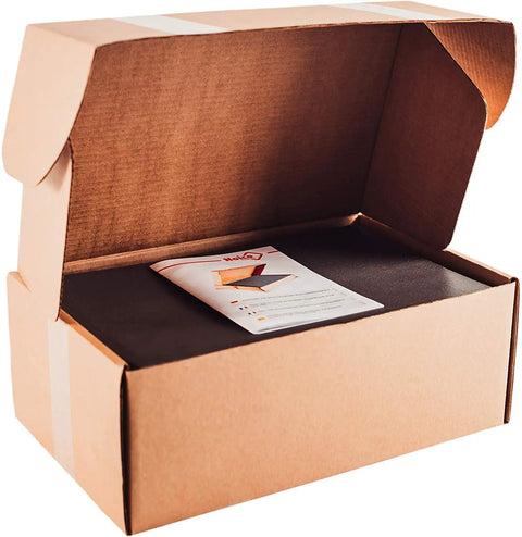 Open cardboard box displaying Top Shelf Car Sound Deadener 150 Mil Thick Self Adhesive Closed Cell PE Foam liner and installation guide.
