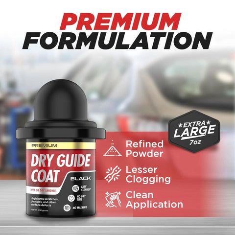 Dry guide coat powder bottle, black, extra-large 7 oz, for wet or dry automotive body sanding