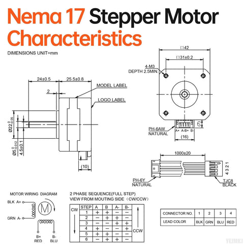 Technical diagram of 5 Pack Nema 17 Stepper Motors 2 Phase 1.8 Degree High Torque Bipolar 0.26Nm for 3D Printers DIY CNC Robots