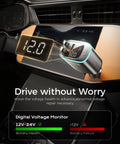 Car USB C Fast Charger With Retractable Cables 4 In 1 Cigarette Lighter Adapter with digital voltage display and safety features.