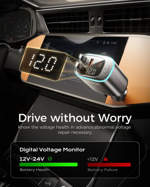 Car USB C Fast Charger With Retractable Cables 4 In 1 Cigarette Lighter Adapter with digital voltage display and safety features.