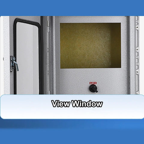 Explosion-proof waterproof outdoor electrical box with hinged door and viewing window; gray metal, 60x70x22 cm.