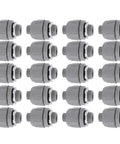 20 Piece Bulk Pack of 3/4 Inch NPT Liquid Tight Connectors for Flexible Electrical Conduit Nylon 6 Non Metallic arranged in rows.