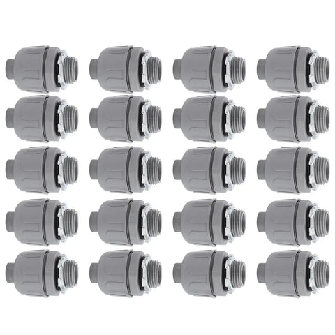 20 Piece Bulk Pack of 3/4 Inch NPT Liquid Tight Connectors for Flexible Electrical Conduit Nylon 6 Non Metallic arranged in rows.