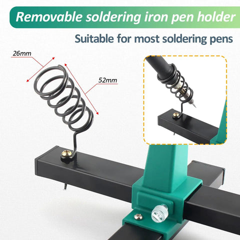 Green Adjustable PCB Holder Soldering Clamp For Circuit Board Helping Hand with removable pen holder and measurements