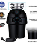 Diagram of Three Quarters HP Anti Jam Garbage Disposal With Stainless Steel Grinding System Quiet 2700 RPM Household Waste Grinder Torque Master Technology Deluxe Black Plus Heavy Duty Quiet Operation No Mess No Fuss showing features
