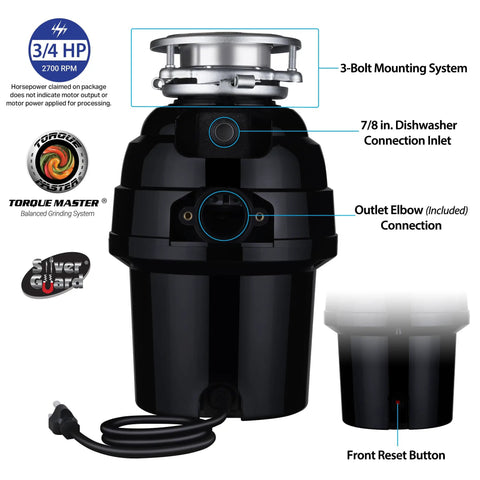 Diagram of Three Quarters HP Anti Jam Garbage Disposal With Stainless Steel Grinding System Quiet 2700 RPM Household Waste Grinder Torque Master Technology Deluxe Black Plus Heavy Duty Quiet Operation No Mess No Fuss showing features
