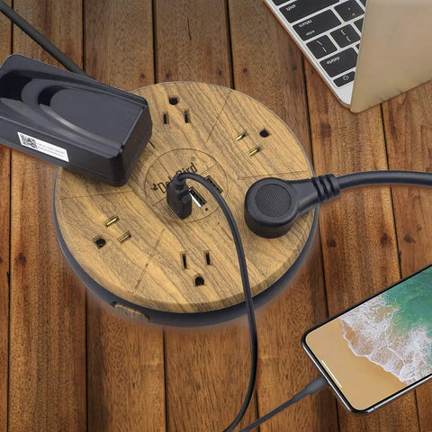 Power Strip With Surge Protector 6 AC Outlets And 3 USB Ports Charging Hub on wooden desk with plugged devices