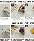 Make Your Furniture Look Spotless Straight Up With Premium White Wood Repair Wax Sticks And Seamless Wood Filler Putty To Hide Scratches Cabinet Gouges Fast DIY Kit steps for repairing wood scratches and holes.