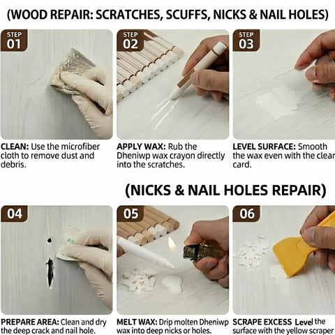 Make Your Furniture Look Spotless Straight Up With Premium White Wood Repair Wax Sticks And Seamless Wood Filler Putty To Hide Scratches Cabinet Gouges Fast DIY Kit steps for repairing wood scratches and holes.