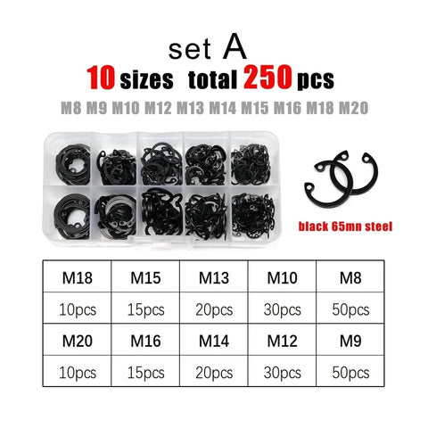 All In One M8 M24 Internal Circlip Snap Ring Kit Set C Type Retaining Clips Black 304 Stainless Steel Heavy Duty 250 Pcs Assortment For Precision Machinery And DIY Projects visible in box with 10 sizes labeled.