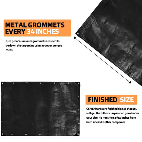 Heavy Duty Waterproof 6X12Ft Tarp Black Poly Tarpaulin showing metal grommets and finished size details.