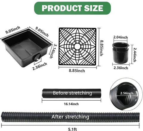 Flexible Gutter Downspout Extension Kit With Leak Proof Hose And Splash Block No Dig Catch Basin Extendable From 1.34 Feet To 5.1 Feet Easy Install dimensions with components
