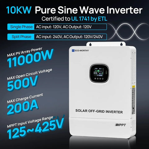 Off Grid Solar Panel Kit For Home With 10kW Inverter And 120V 240V Split Phase Power Output 48V Battery Storage 16kWh 2460W PV Panels To Power Your Whole House featuring 10kW pure sine wave inverter