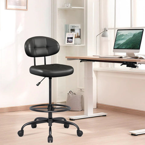 Ergonomic Drafting Chair With Footrest Ring For Standing Desk Setups Tall Armless Office Stool Faux Leather Small Executive Chair With Adjustable Height For Bar Counter Height Desk Black in office setting