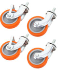 4pcs Inch TPR Swivel Caster Wheels with Brake, M8 Post featuring orange rubber wheels and metal swivel brackets.