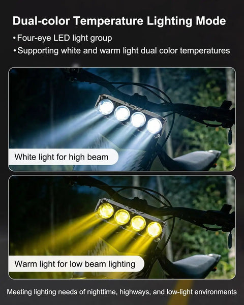 LED Headlight Kit For Dirt Bikes And Off Road Rides With Four Eye LED Array Dual Color Temperature White High Beam And Warm Low Beam Includes Mounting Bracket And Switch Wiring Harness For Talaria Sting R MX4 Sur Ron Segway X260