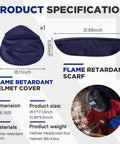 Two Pack Welding Helmet Cover And Bib Set With Press Fit Neck Seal, Flame Retardant Fabric For Extra Neck Protection, Durable Weld Splash Shield, Fits Most Helmets, Navy Blue shown with dimensions and materials