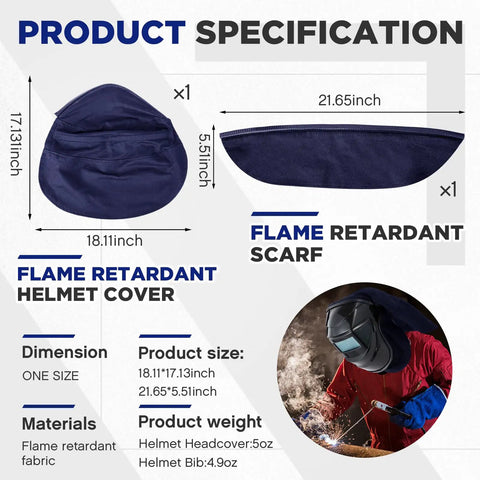 Two Pack Welding Helmet Cover And Bib Set With Press Fit Neck Seal, Flame Retardant Fabric For Extra Neck Protection, Durable Weld Splash Shield, Fits Most Helmets, Navy Blue shown with dimensions and materials