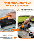 Griddle Cleaning Kit With 3 Replacement Scouring Pads being used to clean a flattop grill, featuring a bristle-free stainless mesh cleaner.