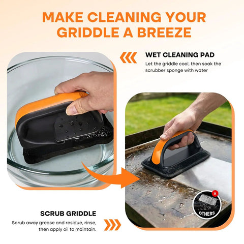 Griddle Cleaning Kit With 3 Replacement Scouring Pads being used to clean a flattop grill, featuring a bristle-free stainless mesh cleaner.