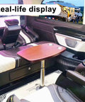 Built Like A Beast Stainless Steel Telescopic Table Legs For Dining Rooms And Road Trip Rigs in car interior with wooden top.