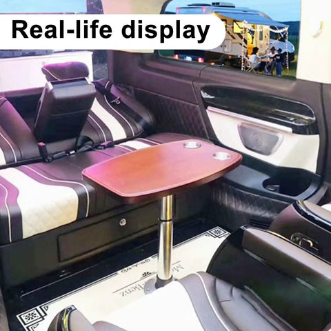 Built Like A Beast Stainless Steel Telescopic Table Legs For Dining Rooms And Road Trip Rigs in car interior with wooden top.
