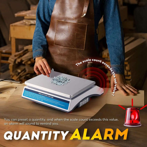 Industrial Countin Scale 30kg Capacity on a workbench in use, displaying digital scale alarm feature with small parts