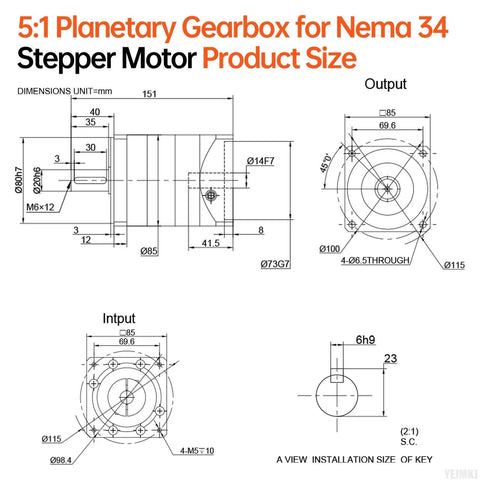 Technical diagram of Ratio 5 To 1 Planetary Gearbox For Nema 34 Stepper Motor Backlash 10 Arcmin