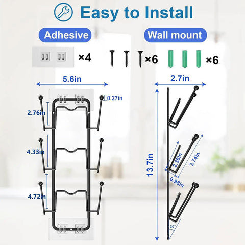 2 Pack 6 Tier Pot Lid Organizer For Cabinet With Wall Mount And Strong Adhesive Backing, showing dimensions and installation details.