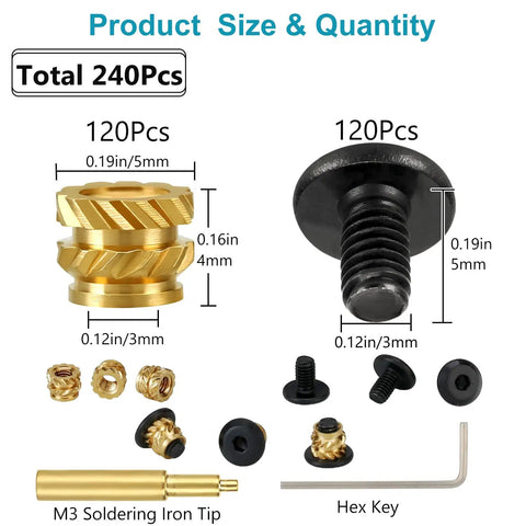 240 Piece Threaded Insert And Hex Bolt Set For DIY 3D Printing M3 Brass Heat Set Inserts And 304 Stainless Hex Socket Bolts Includes 120 M3 Inserts 120 Bolts Soldering Tip And Hex Key In A Two Compartment Organizer: M3 brass insert and black bolt size chart