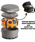 Genesis Basecamp Camping And Overlanding Stove Cooking System With Included Cookware Orange Portable Dual Burner Camp Stove packed in bag