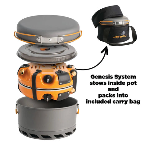 Genesis Basecamp Camping And Overlanding Stove Cooking System With Included Cookware Orange Portable Dual Burner Camp Stove packed in bag