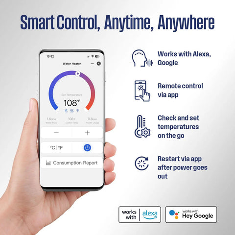 Smart control app for Electric Tankless Water Heater 27Kw 240V Whole House Model, showing temperature and usage.