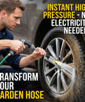 Man using handheld pressure washer wand with 360 degree rotating nozzle to clean car wheel, showcasing tool-free setup and universal fit.