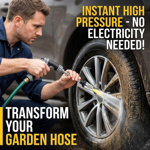 Man using handheld pressure washer wand with 360 degree rotating nozzle to clean car wheel, showcasing tool-free setup and universal fit.