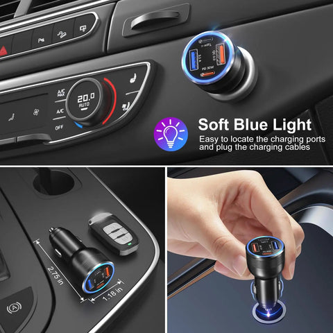 Kickass 65 Watt Type C Car Charger With Pd And Quick Charge Tech dual USB A and C ports illuminated in car console.