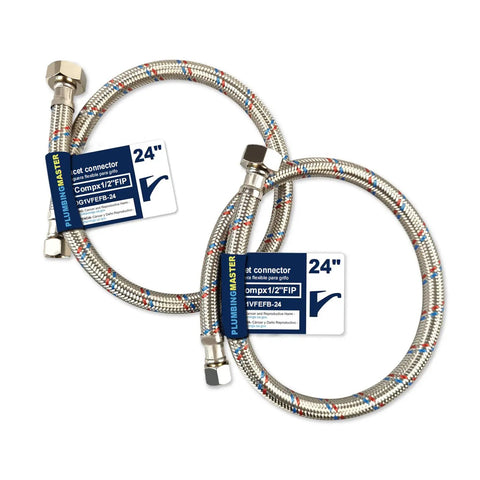 Rock Solid Build 24 Inch Braided Stainless Steel Faucet Hose Connector, 3/8 Compression To 1/2 Fip Water Supply Lines for Kitchen and Bathroom Sink, No Sweat Hookup Two Pack.
