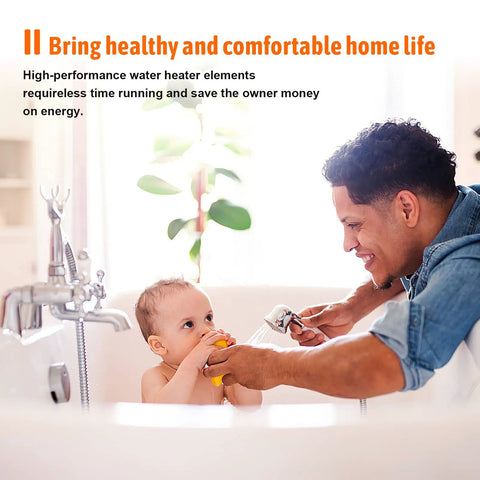 Father and baby enjoying bath time with 9KW 240V Tankless Water Heater Heating Element Replacement For EcoSmart Eco 18 24 27 36 Electric Models