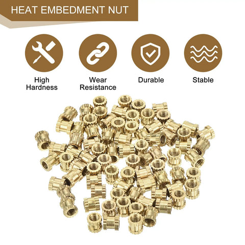 Dope M2.5 Knurled Brass Insert Nuts 4mm Long, 3.8mm Outer Diameter, 0.45mm Pitch, Double-Pass I-Shaped Embedment Nut For 3D Printing, Laptop And Automotive Plastic Shells, 100 Pack - pile of brass nuts highlighting durability and resistance features