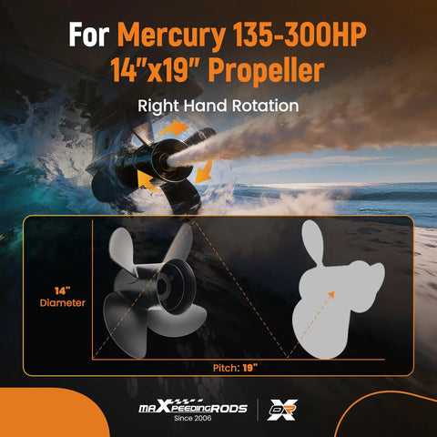 Beefy 14 X 19 Aluminum Boat Propeller With Hub Kit For Mercury 135 To 300 HP Outboards, diagram showing dimensions